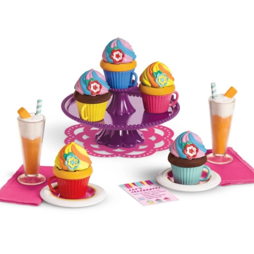 American Girl Gabriela Colorful Cupcake Set Stand Sodas Plates Napkins NIB
